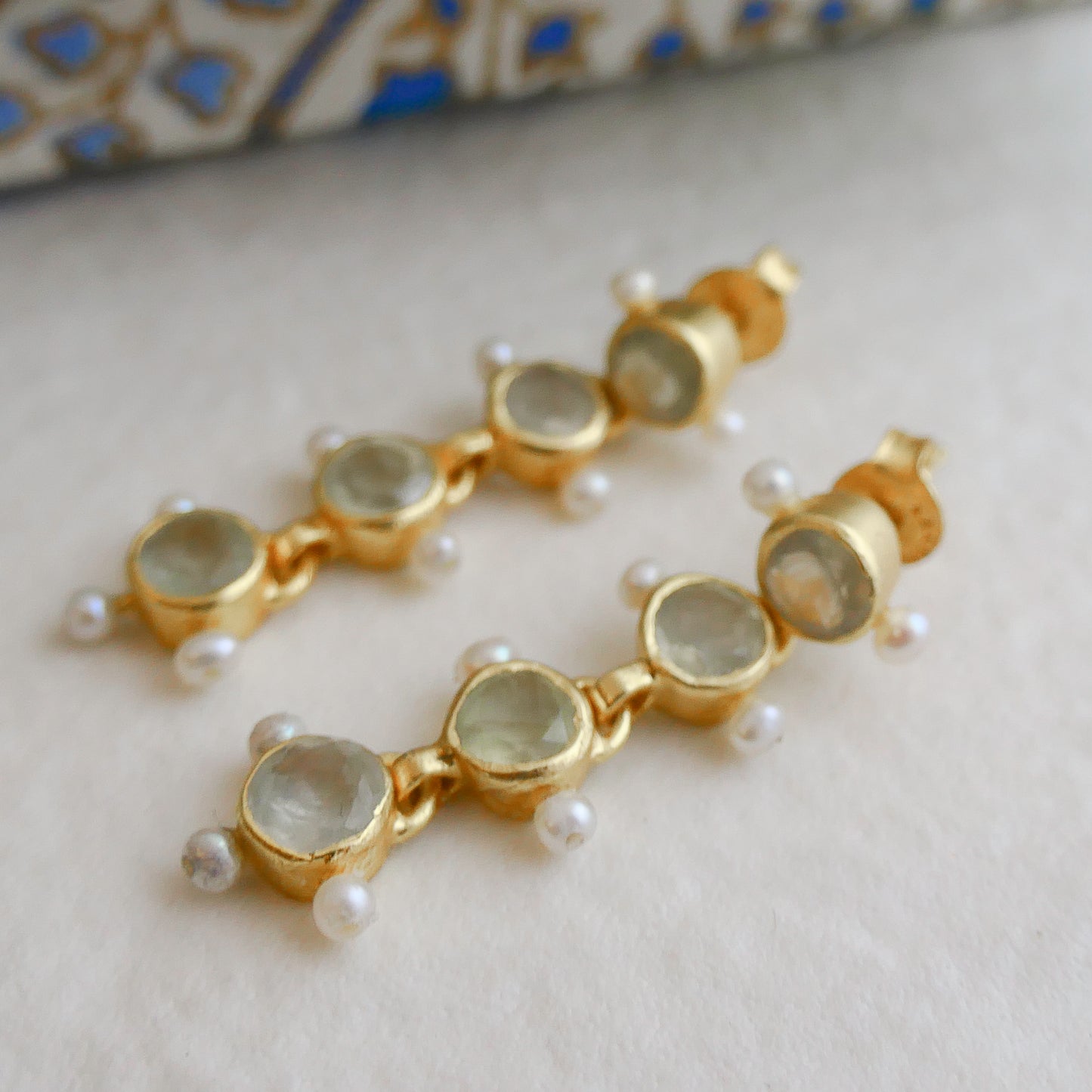 Prehnite and Cultured Pearl Gold Plated Sterling Silver Post Drop Earrings