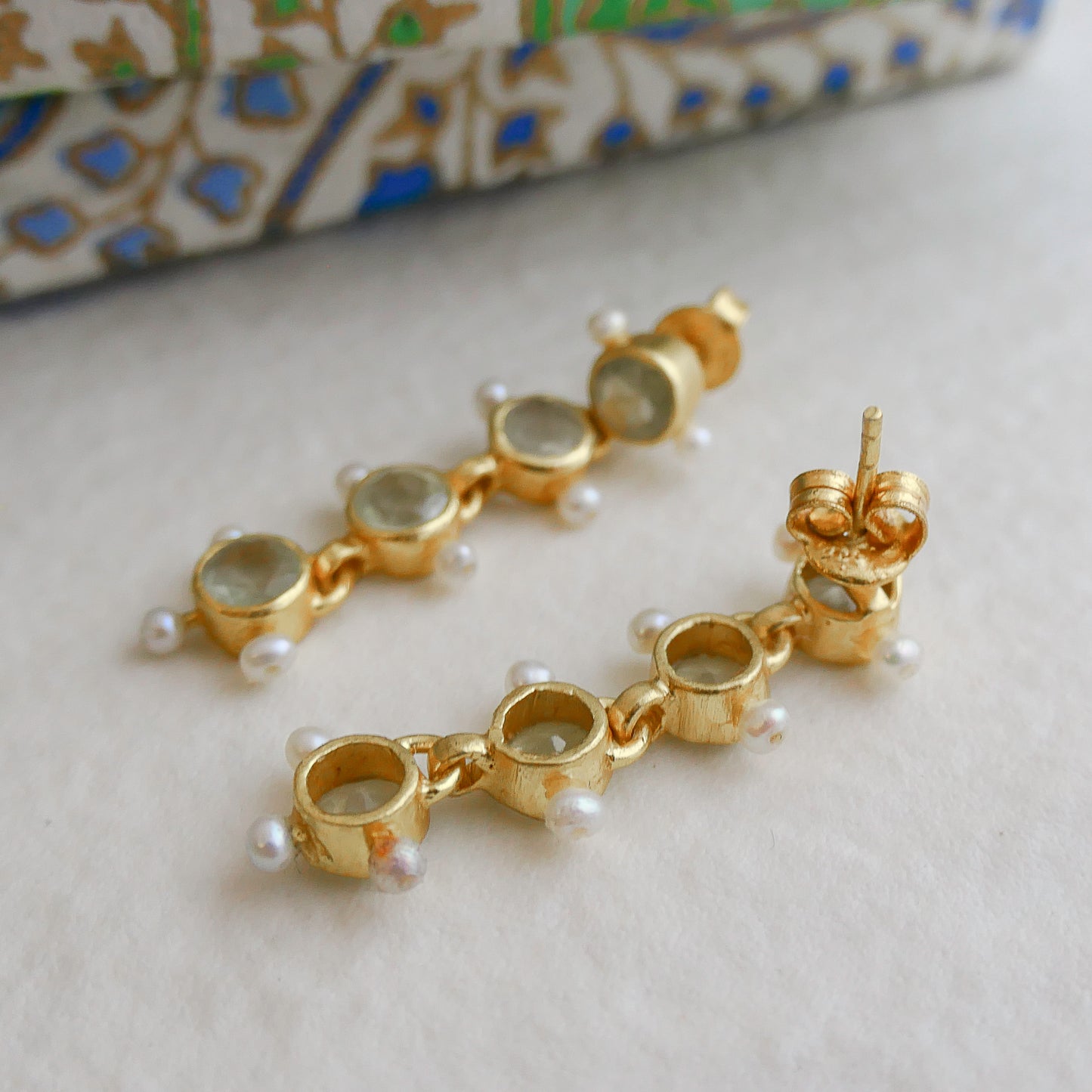 Prehnite and Cultured Pearl Gold Plated Sterling Silver Post Drop Earrings