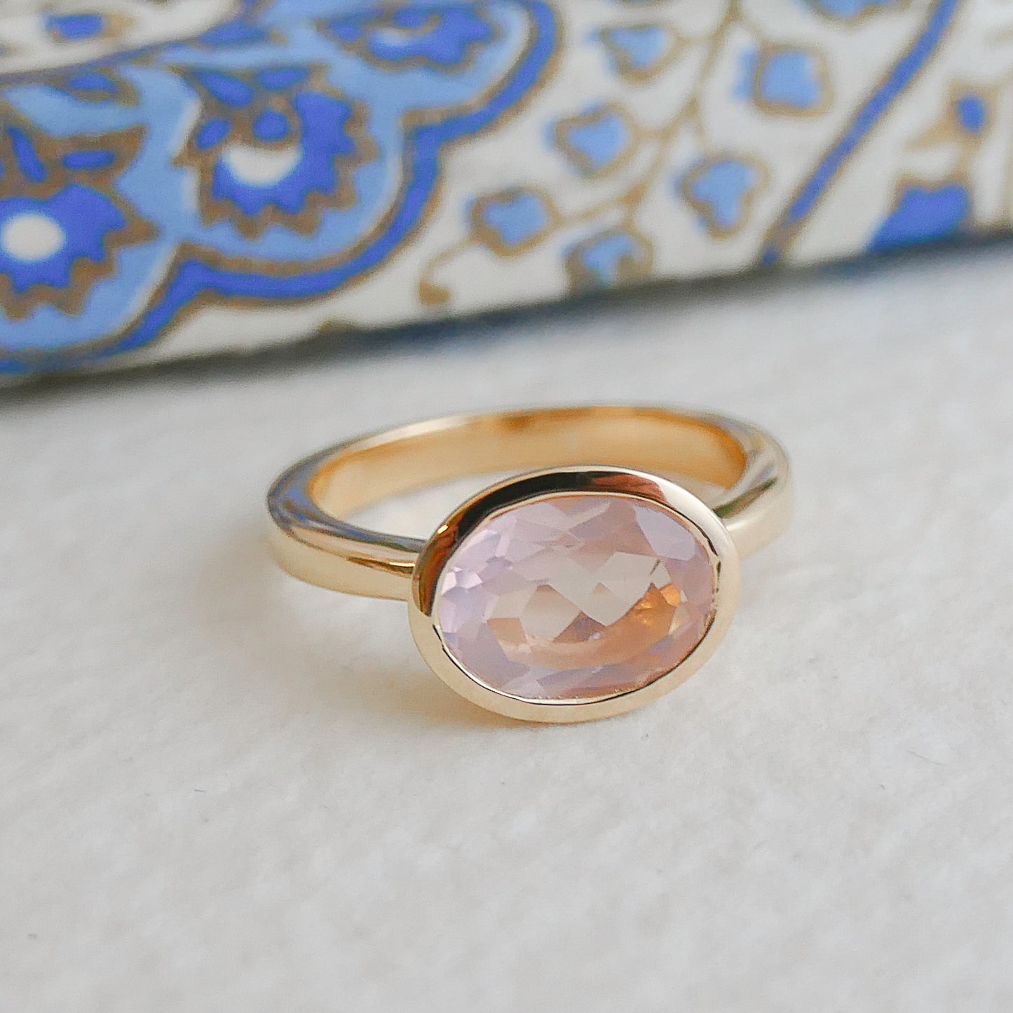 8x10mm Oval Rose Quartz Gold Plated Sterling Silver Ring