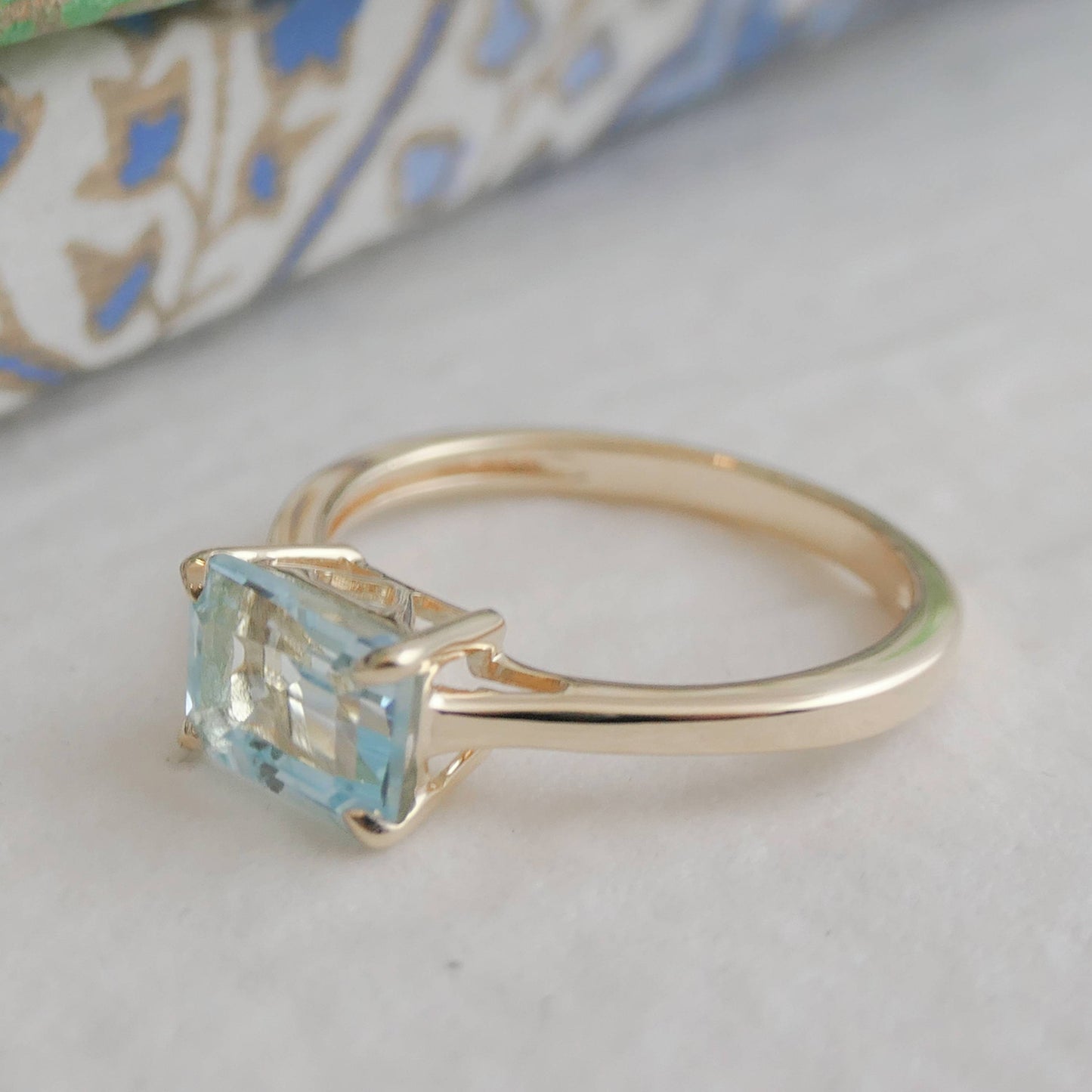 Blue Topaz Baguette Gold Plated Sterling Silver Ring