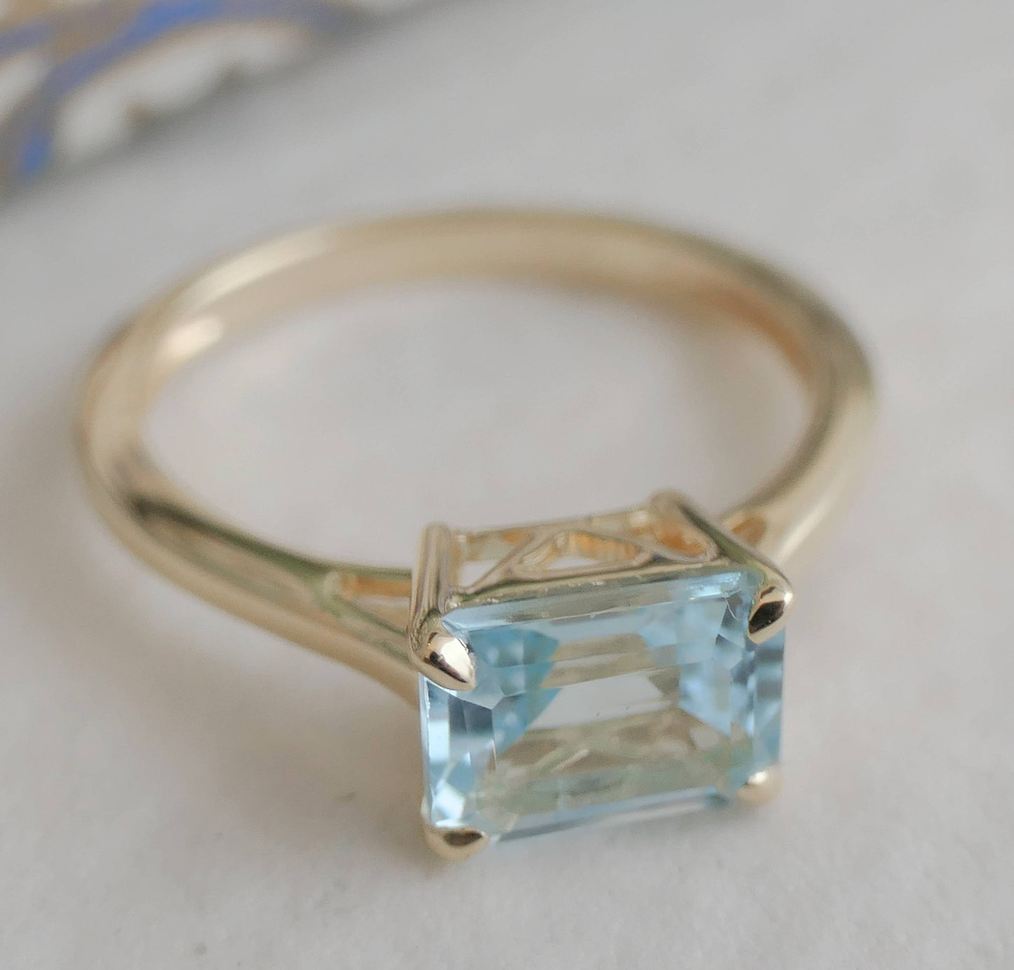 Blue Topaz Baguette Gold Plated Sterling Silver Ring