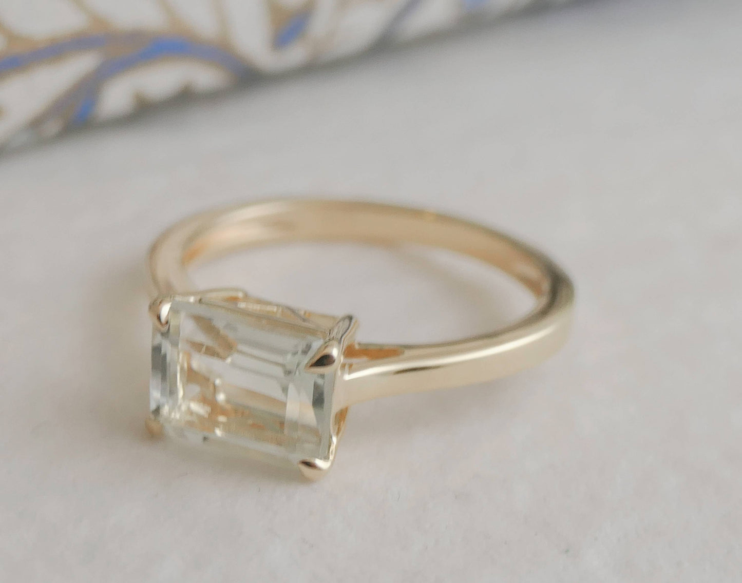 Green Amethyst Baguette Gold Plated Sterling Silver Ring