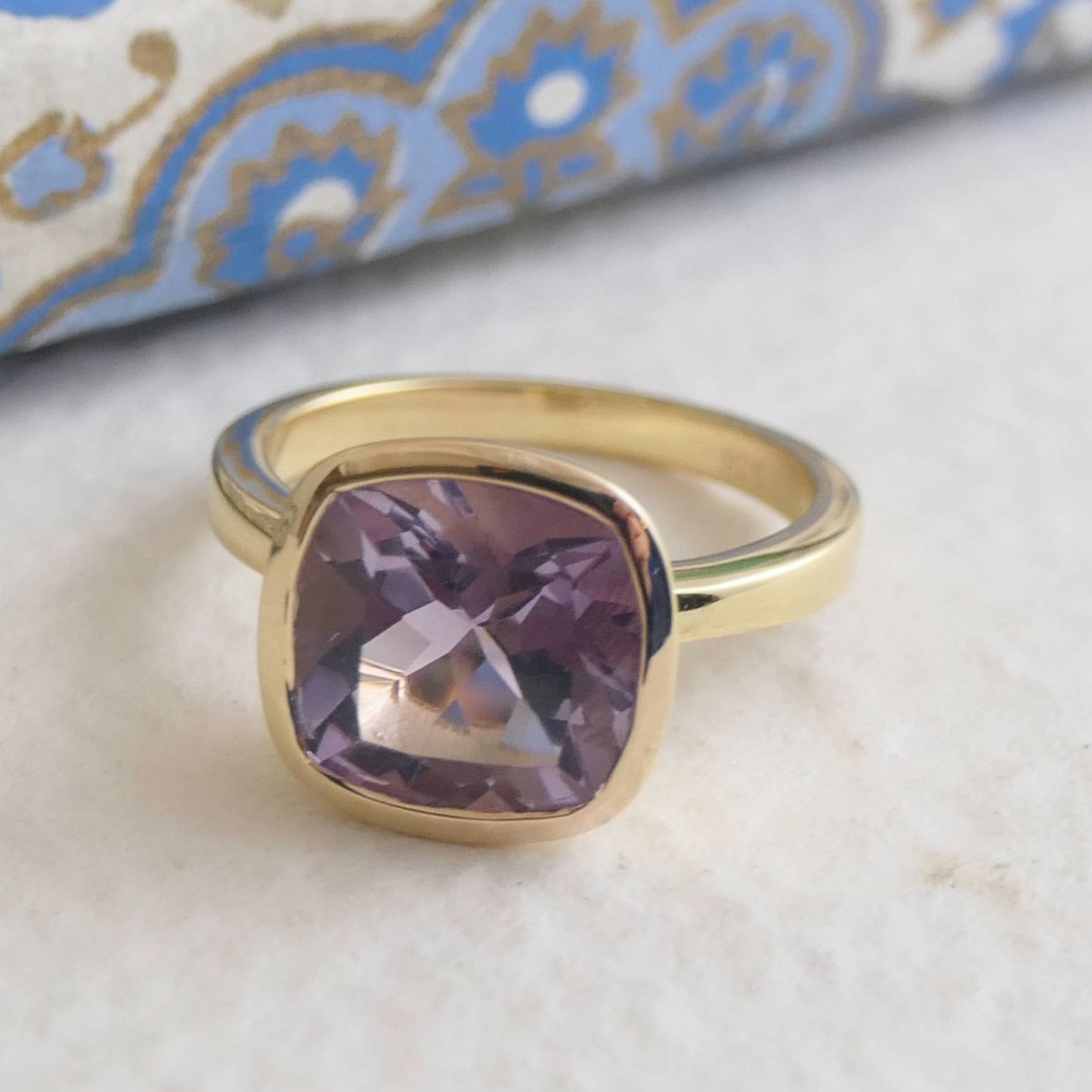 10mm Cushion Cut Amethyst Gold Plated Sterling Silver Ring