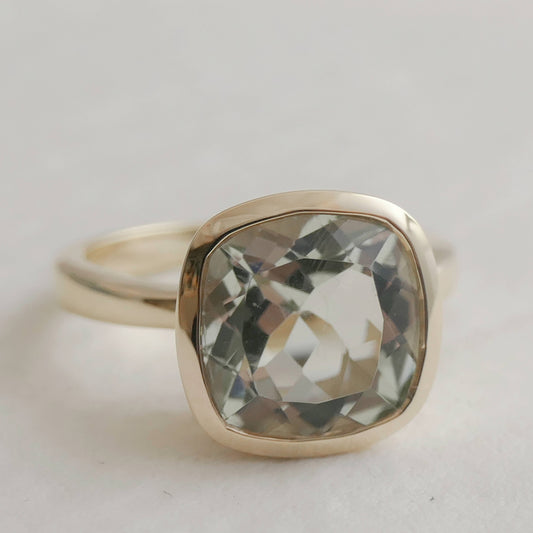10mm Cushion Cut Green Amethyst Gold Plated Sterling Silver Ring