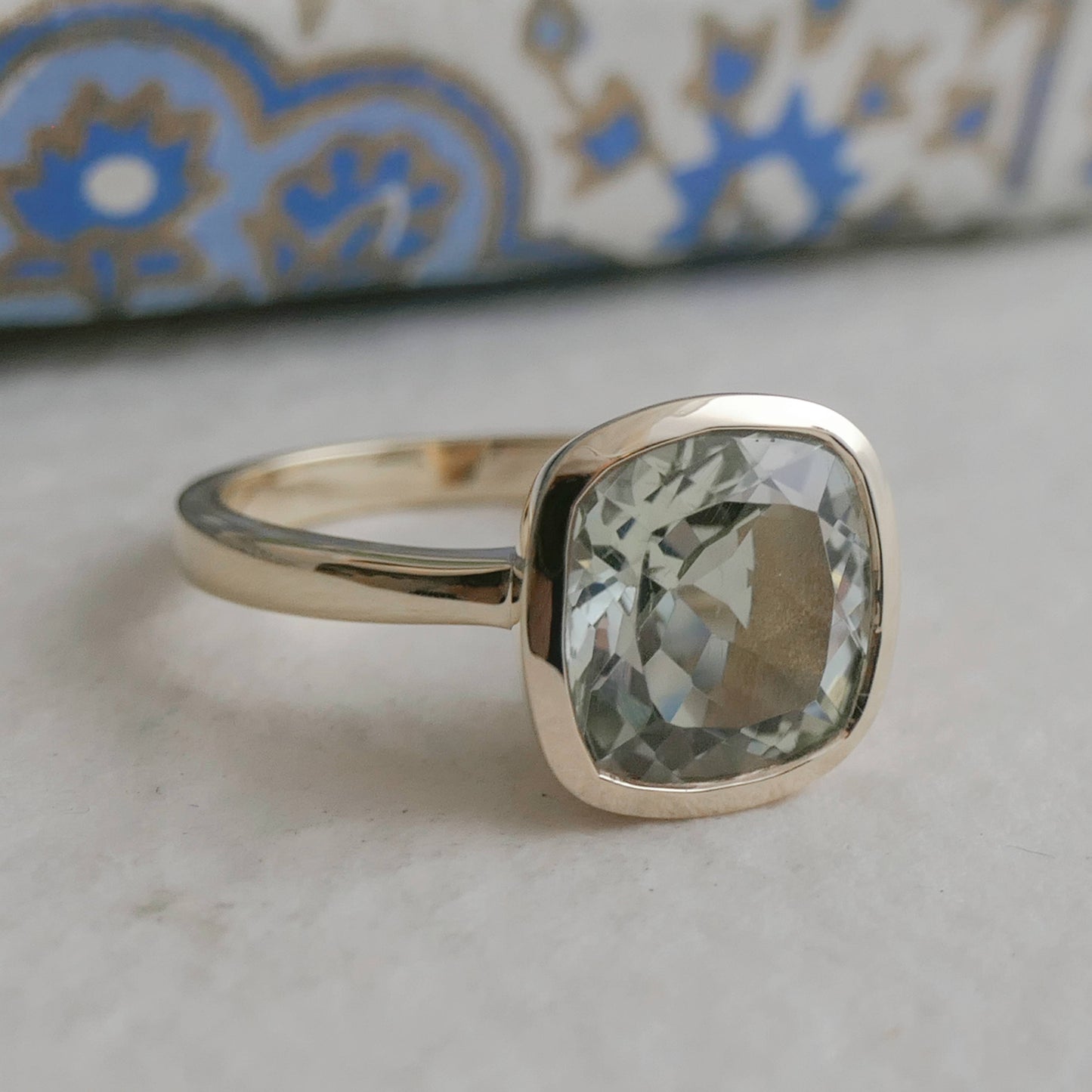 10mm Cushion Cut Green Amethyst Gold Plated Sterling Silver Ring