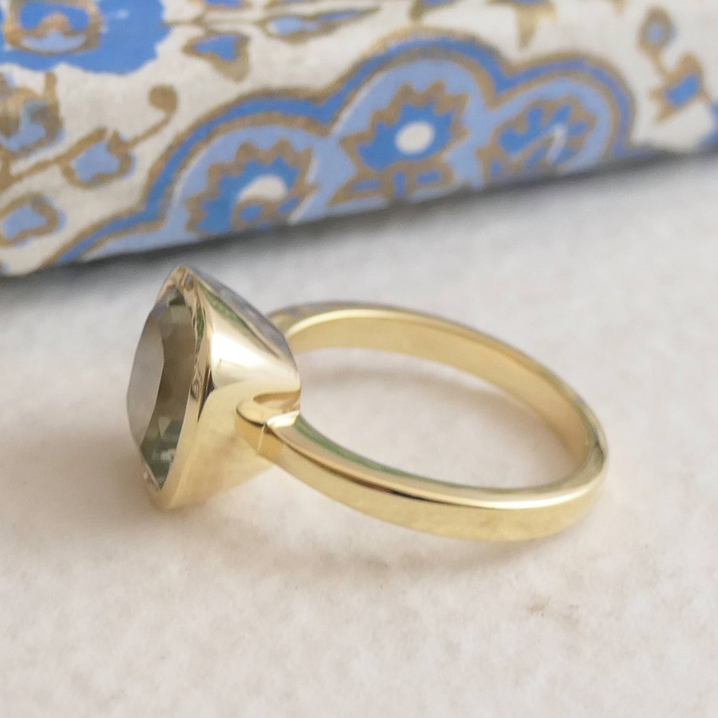 10mm Cushion Cut Green Amethyst Gold Plated Sterling Silver Ring