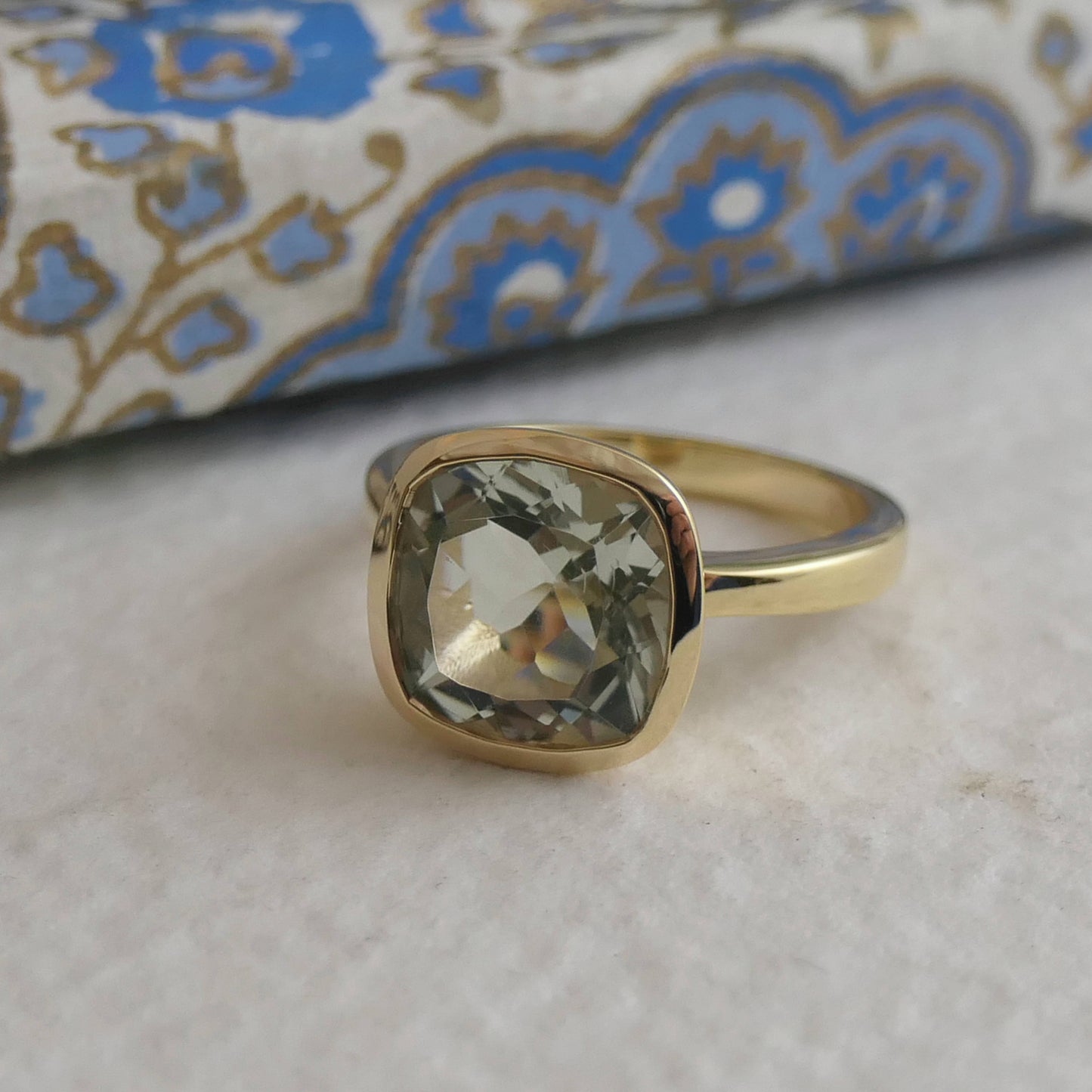 10mm Cushion Cut Green Amethyst Gold Plated Sterling Silver Ring