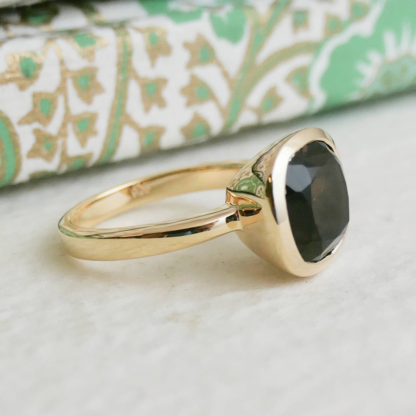 10mm Cushion Cut Smoky Quartz Gold Plated Sterling Silver Ring