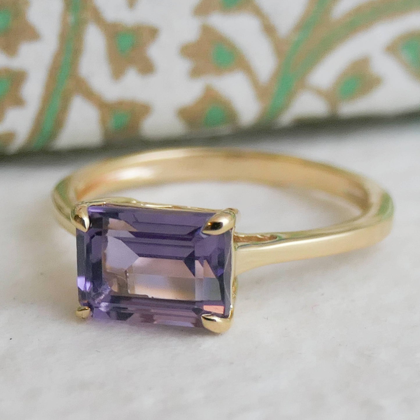 Amethyst Baguette Gold Plated Sterling Silver Ring