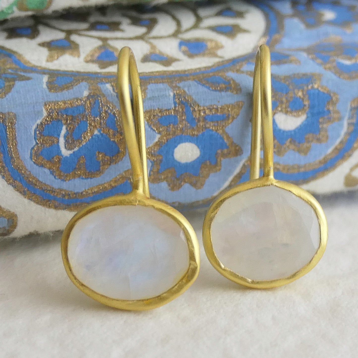 Small Moonstone Oval Drop Sterling Silver Gold Plated Earrings