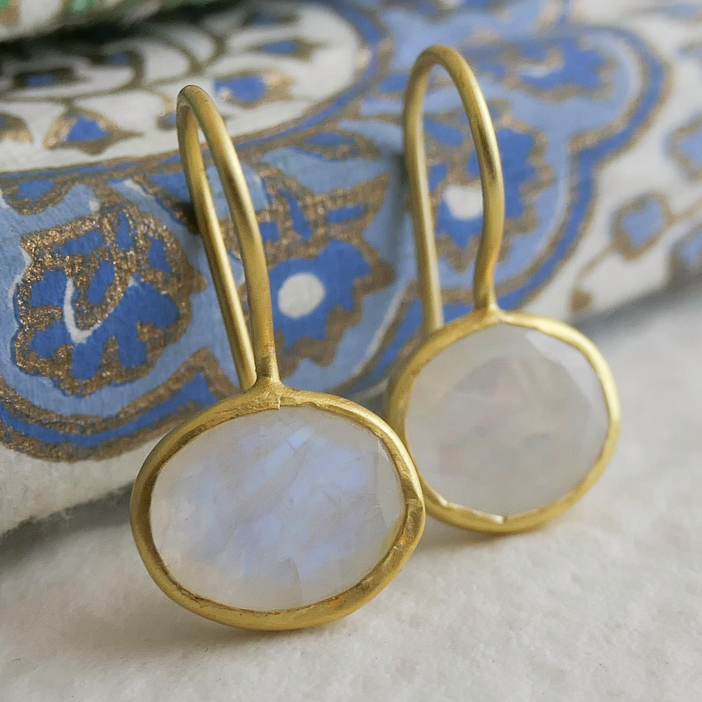 Small Moonstone Oval Drop Sterling Silver Gold Plated Earrings
