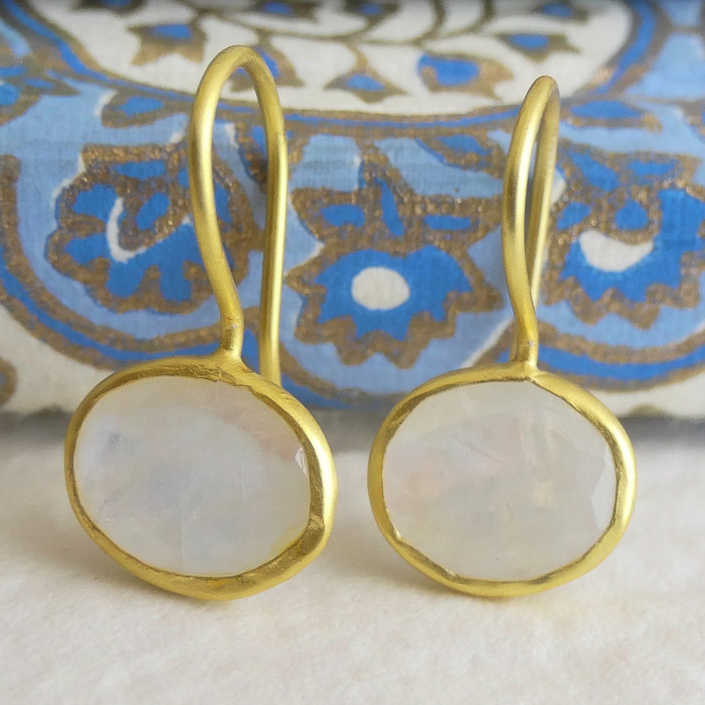 Small Moonstone Oval Drop Sterling Silver Gold Plated Earrings