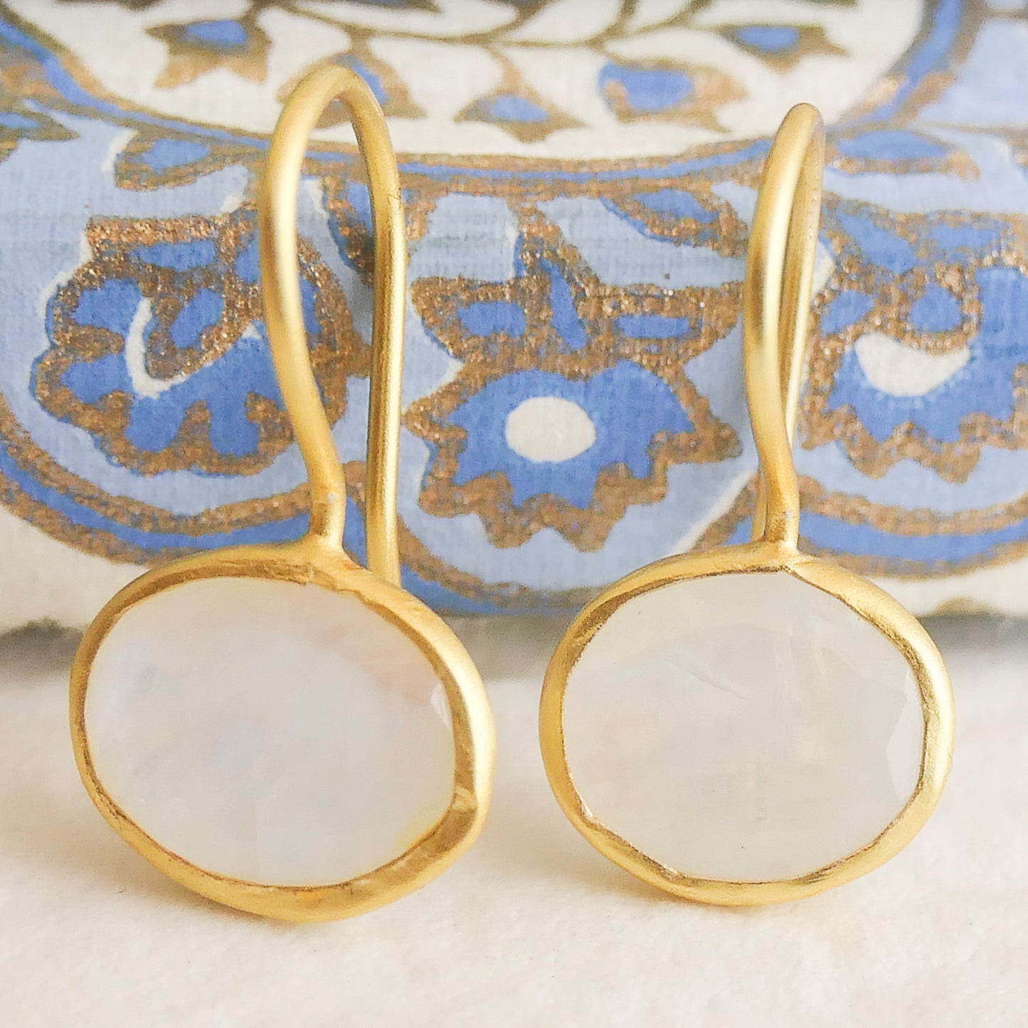 Small Moonstone Oval Drop Sterling Silver Gold Plated Earrings