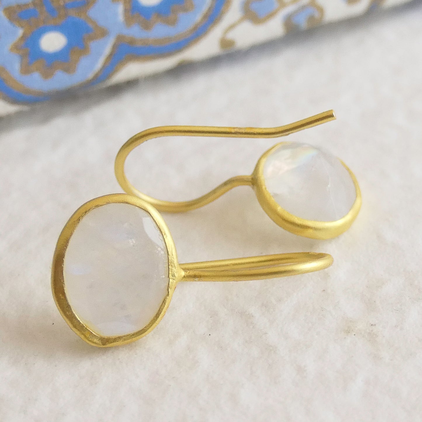 Small Moonstone Oval Drop Sterling Silver Gold Plated Earrings