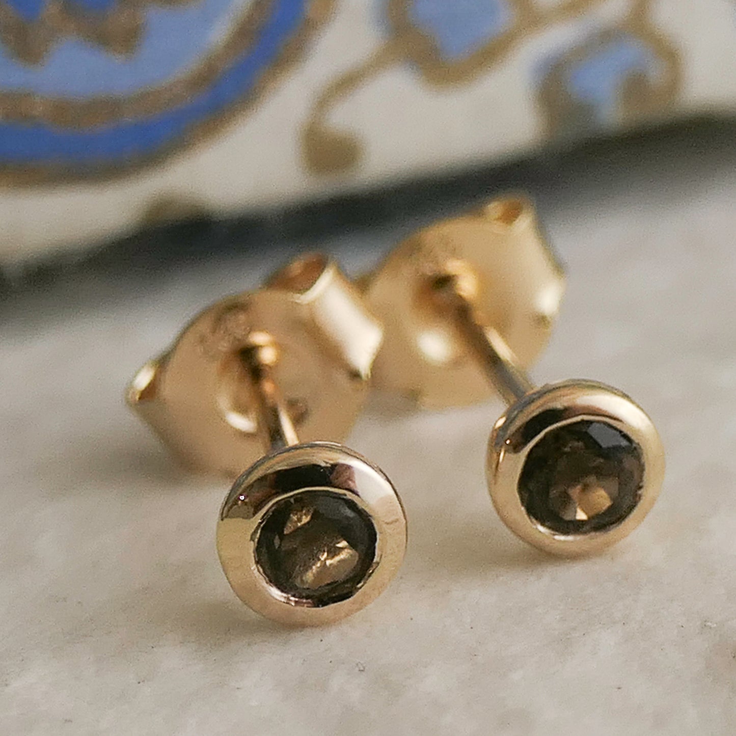 3mm Smoky Quartz Gold Plated Sterling Silver Stud Earrings
