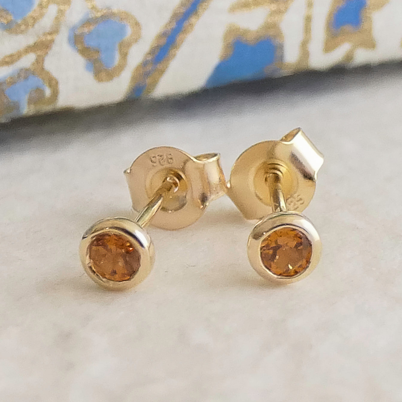 3mm Hessonite Garnet Gold Plated Sterling Silver Stud Earrings