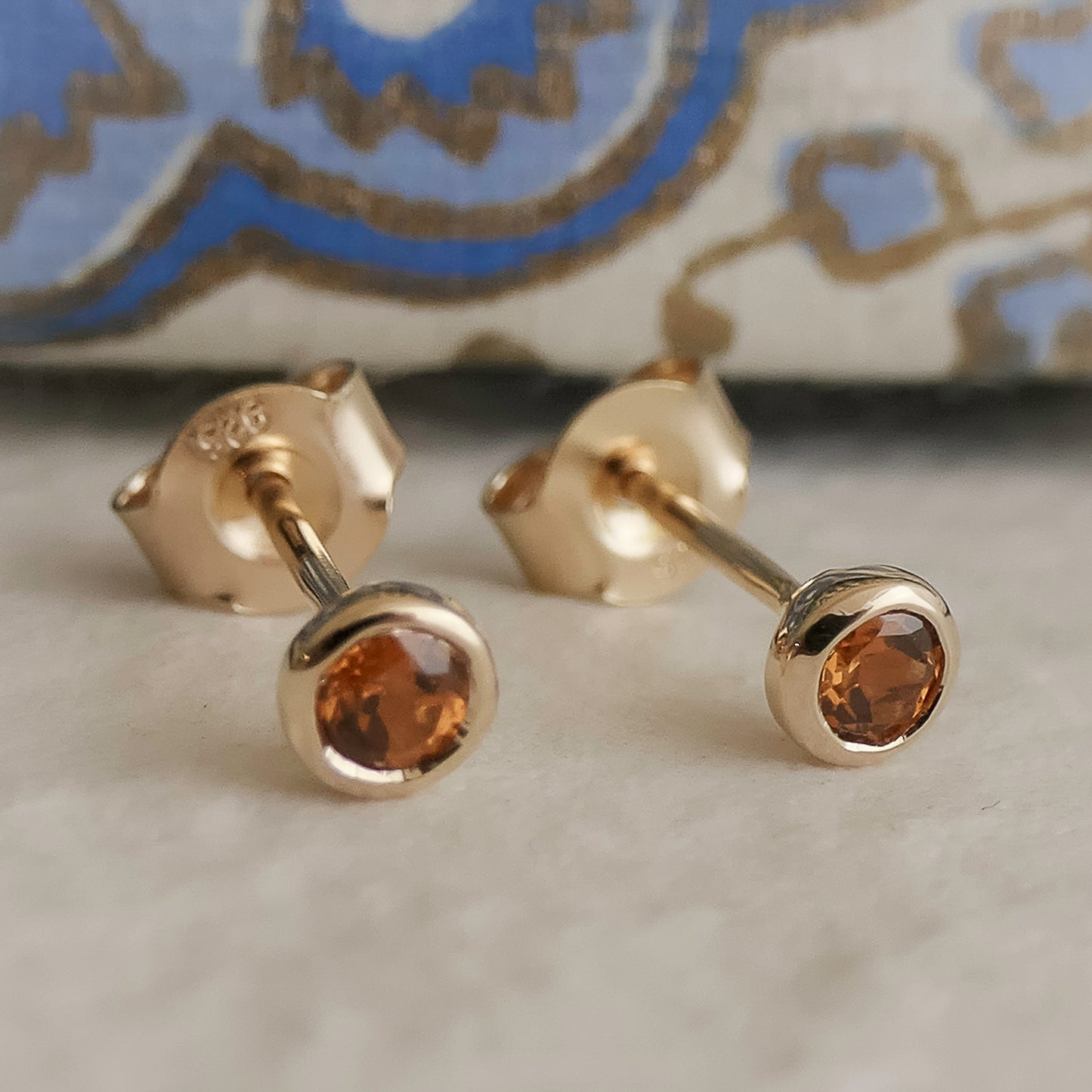 3mm Hessonite Garnet Gold Plated Sterling Silver Stud Earrings