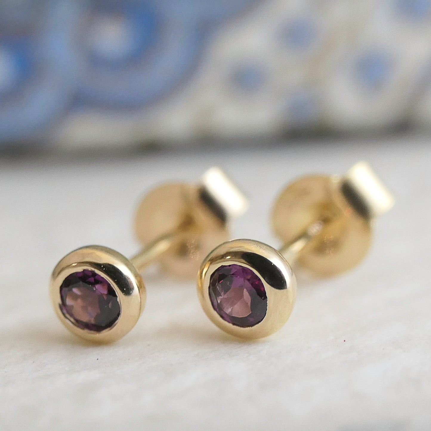 3mm Rhodolite Garnet Gold Plated Sterling Silver Stud Earrings