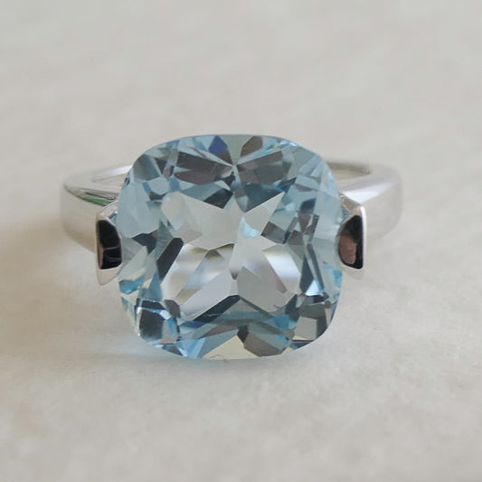 12mm Cushion Cut Blue Topaz Sterling Silver Ring