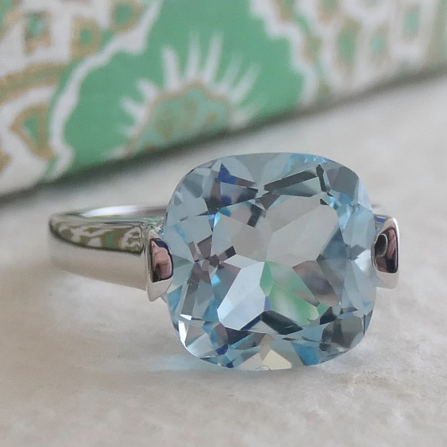 12mm Cushion Cut Blue Topaz Sterling Silver Ring