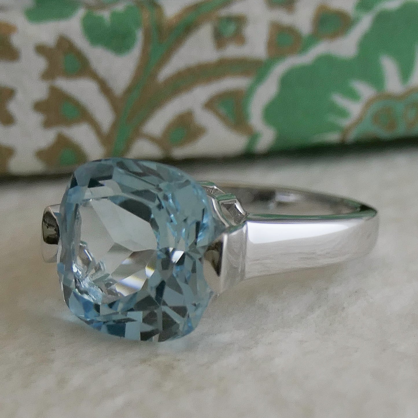 12mm Cushion Cut Blue Topaz Sterling Silver Ring