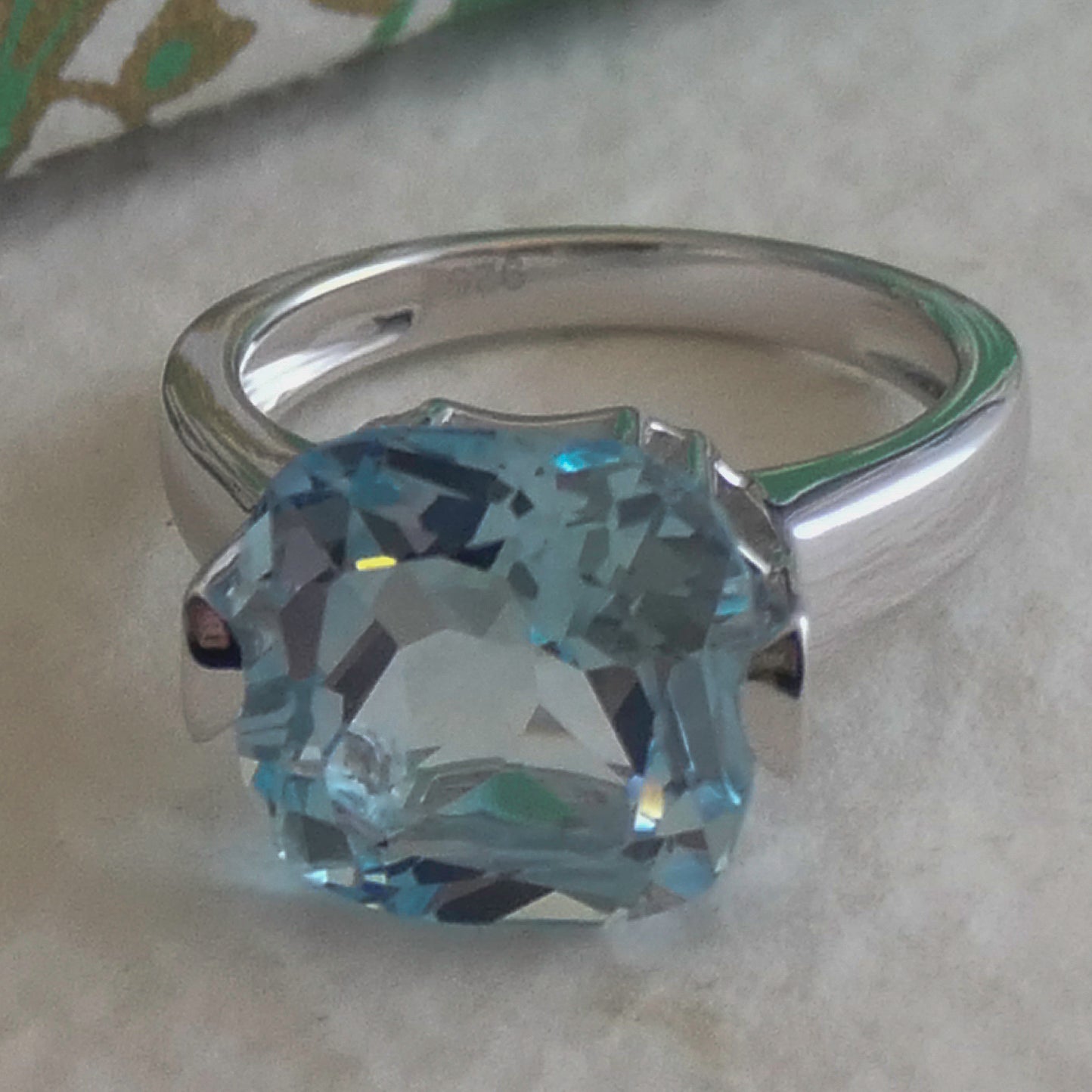 12mm Cushion Cut Blue Topaz Sterling Silver Ring