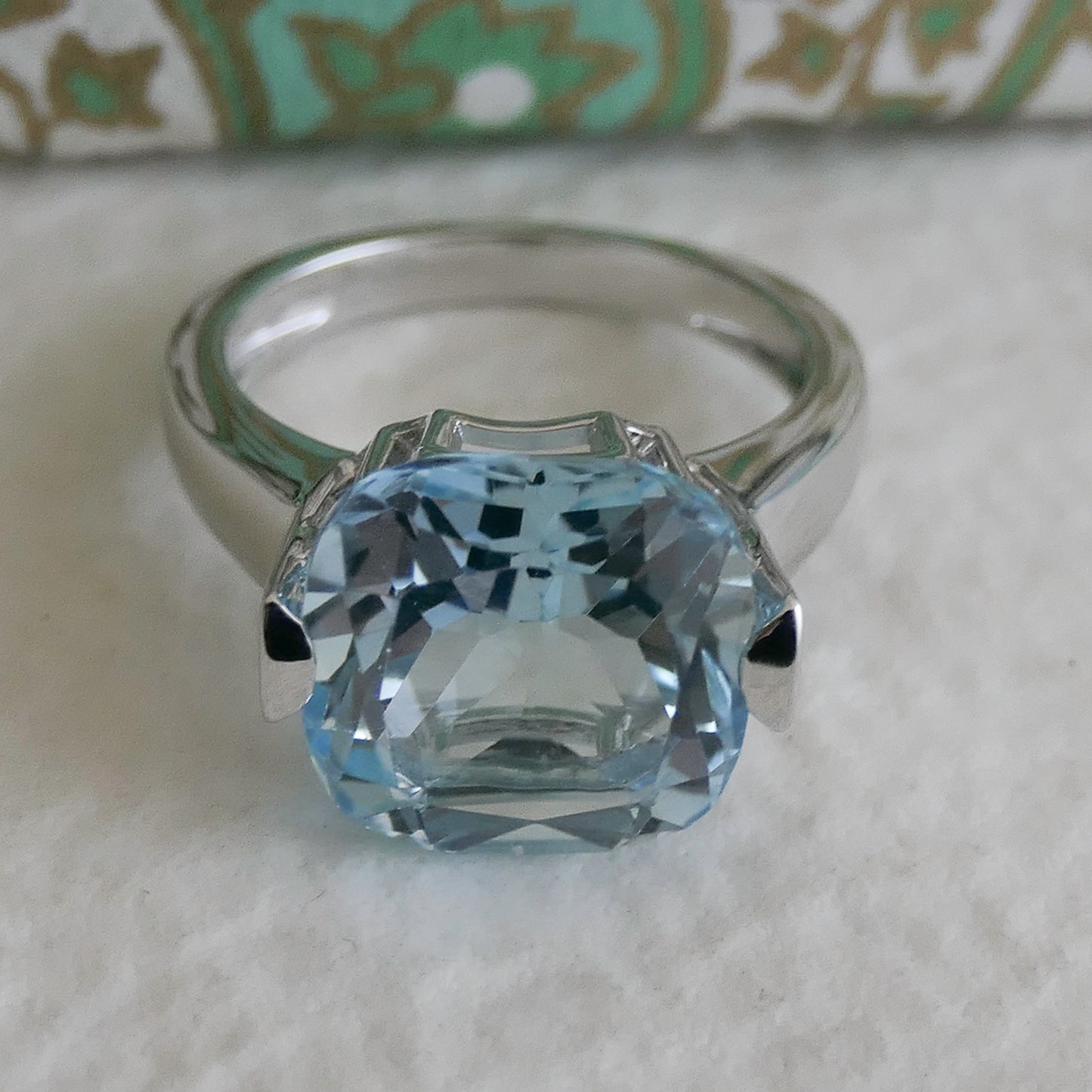12mm Cushion Cut Blue Topaz Sterling Silver Ring