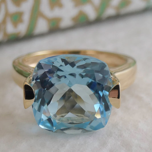 12mm Cushion Cut Blue Topaz Gold Plated Sterling Silver Ring