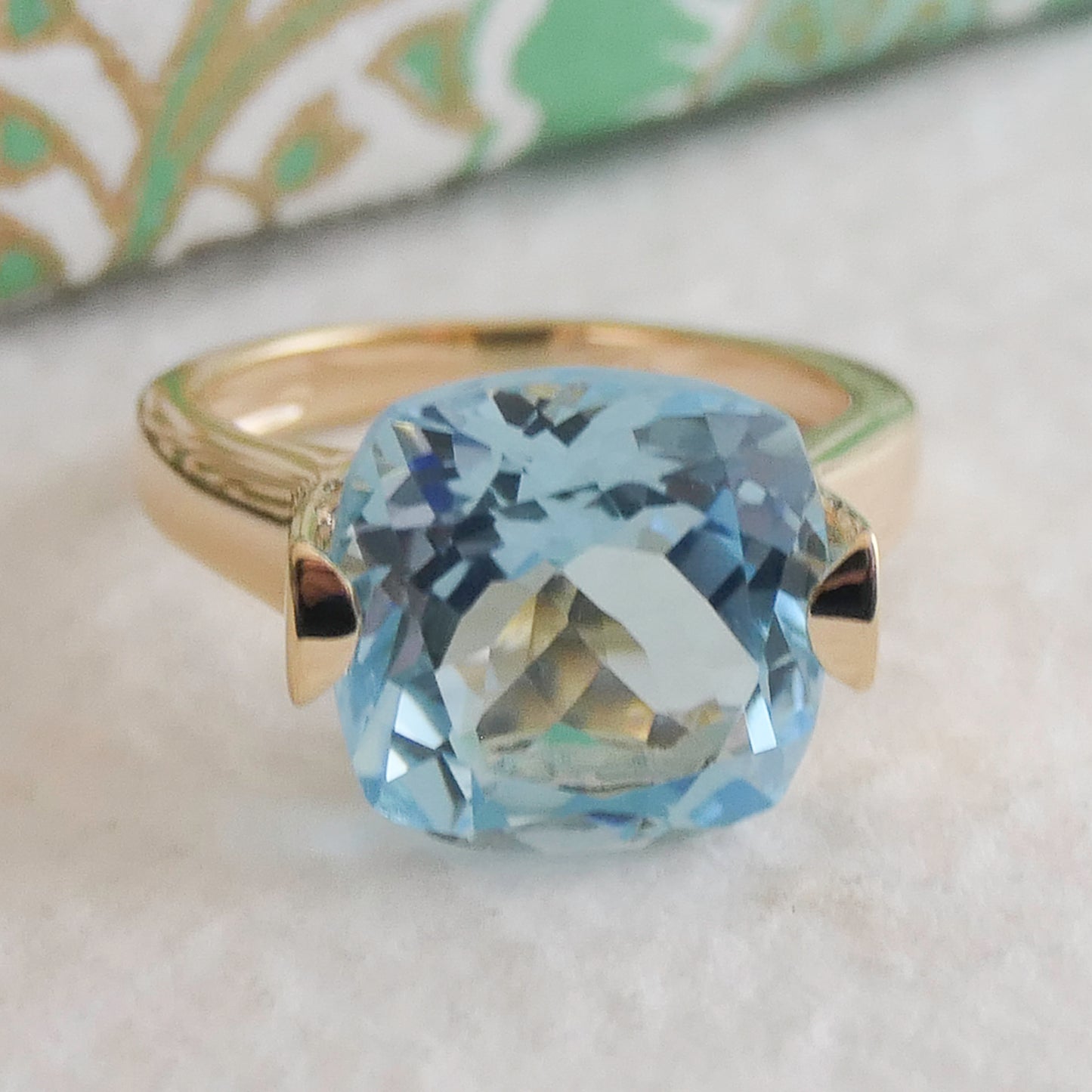 12mm Cushion Cut Blue Topaz Gold Plated Sterling Silver Ring