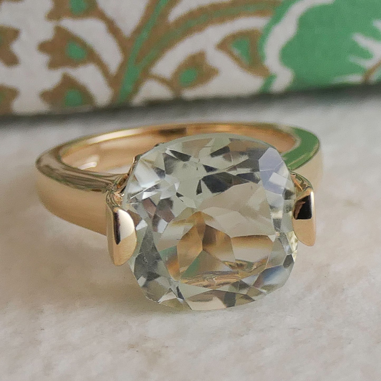 12mm Cushion Cut Green Amethyst Gold Plated Sterling Silver Ring