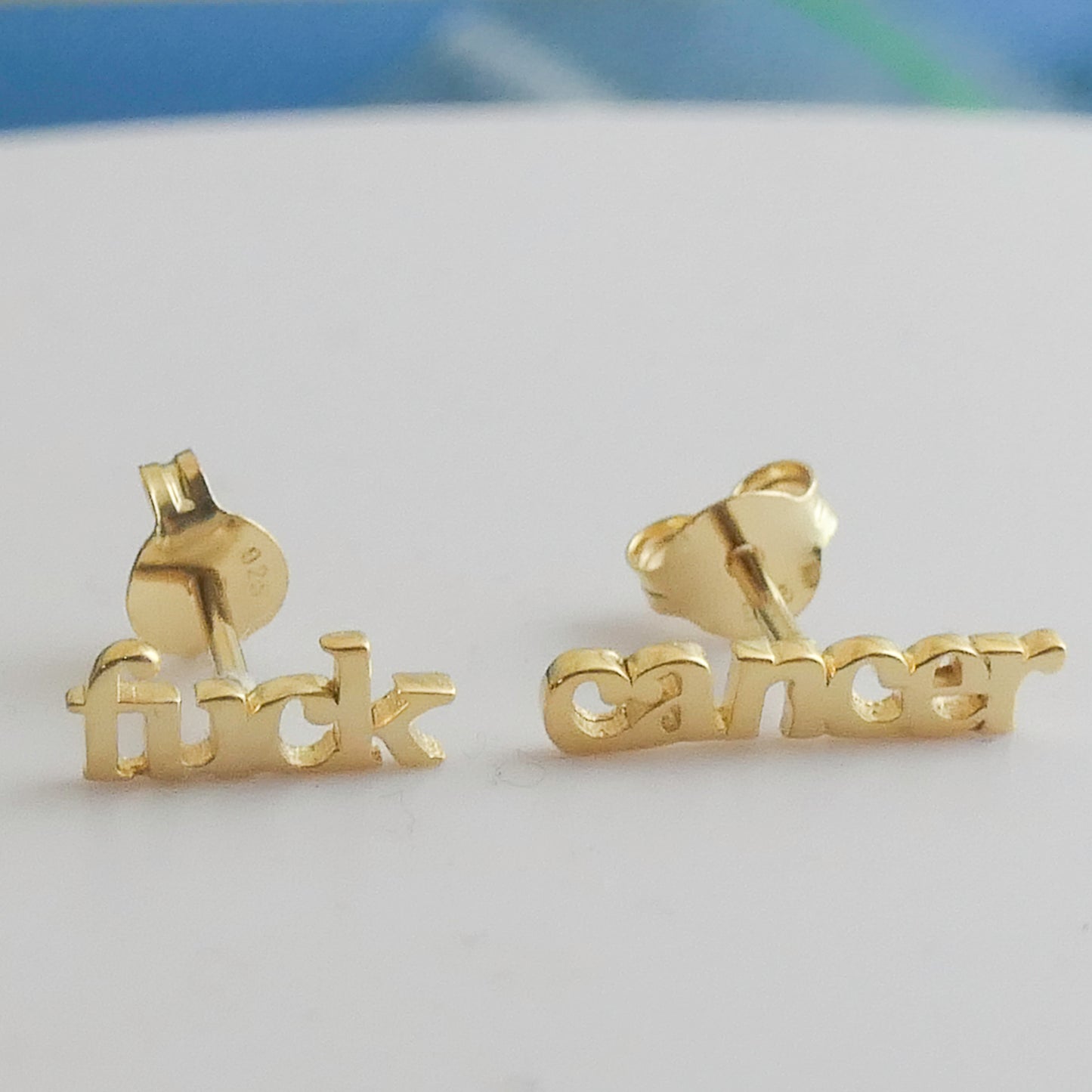 Fuck Cancer Gold Plated Sterling Silver Stud Earrings (Vermeil)