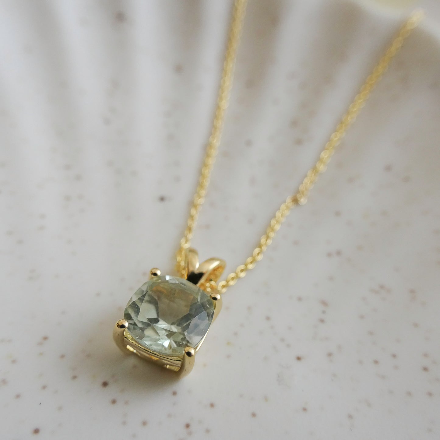 Elegant Green Amethyst Necklace – Cushion Cut, Gold Plated Sterling Silver