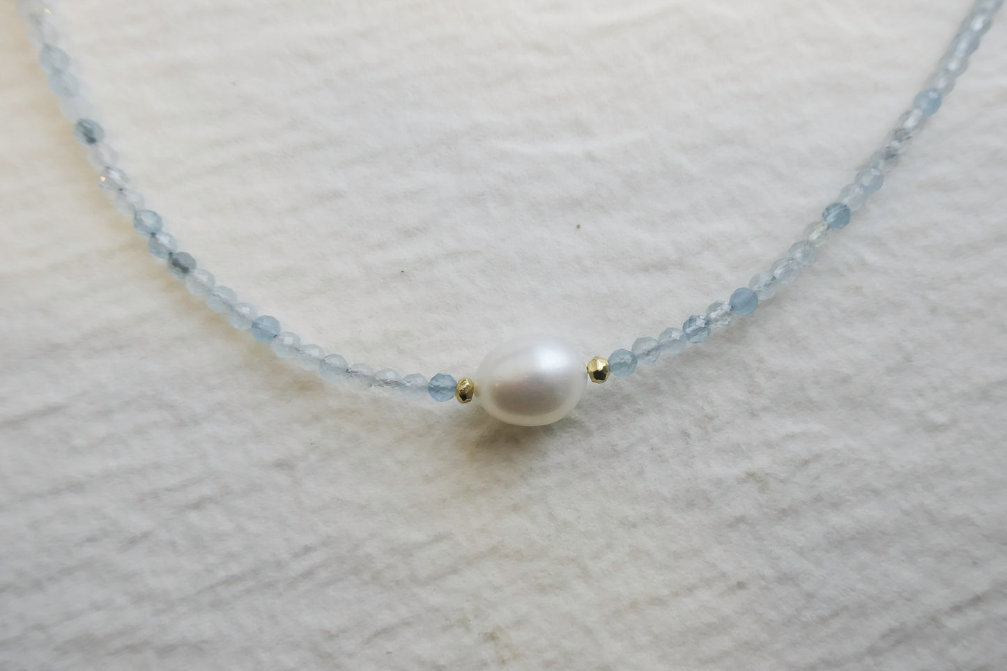 Aquamarine and Pearl Natural Gemstone Beaded Necklace 17 inches