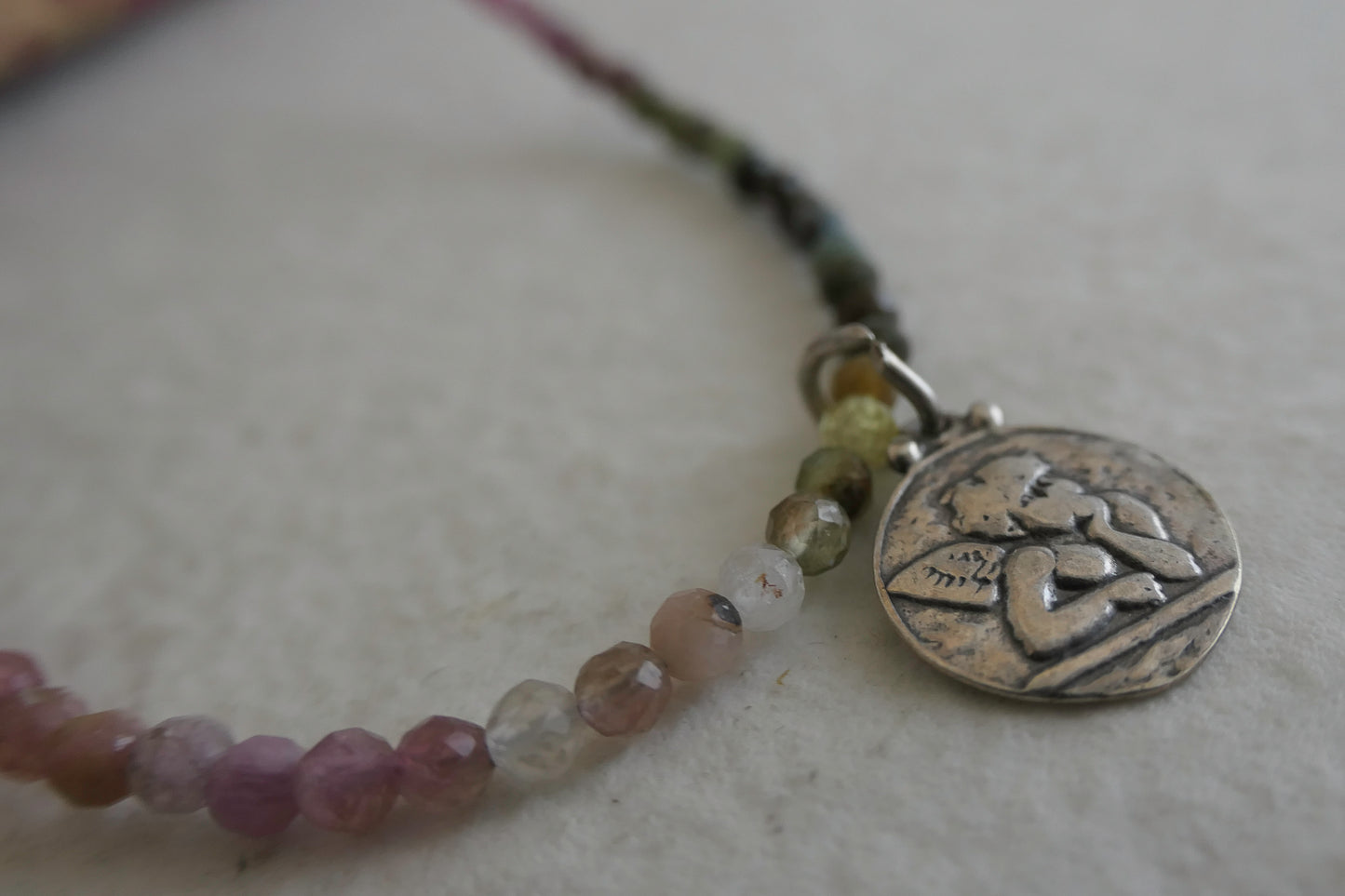 Angel Pendant with Tourmaline Natural Gemstone Beaded Necklace 16 inches