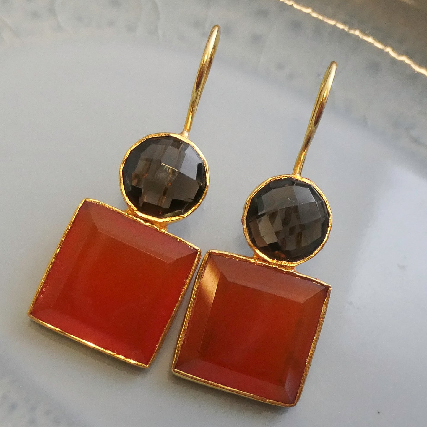 Smoky Quartz and Carnelian Vermeil Drop Earrings