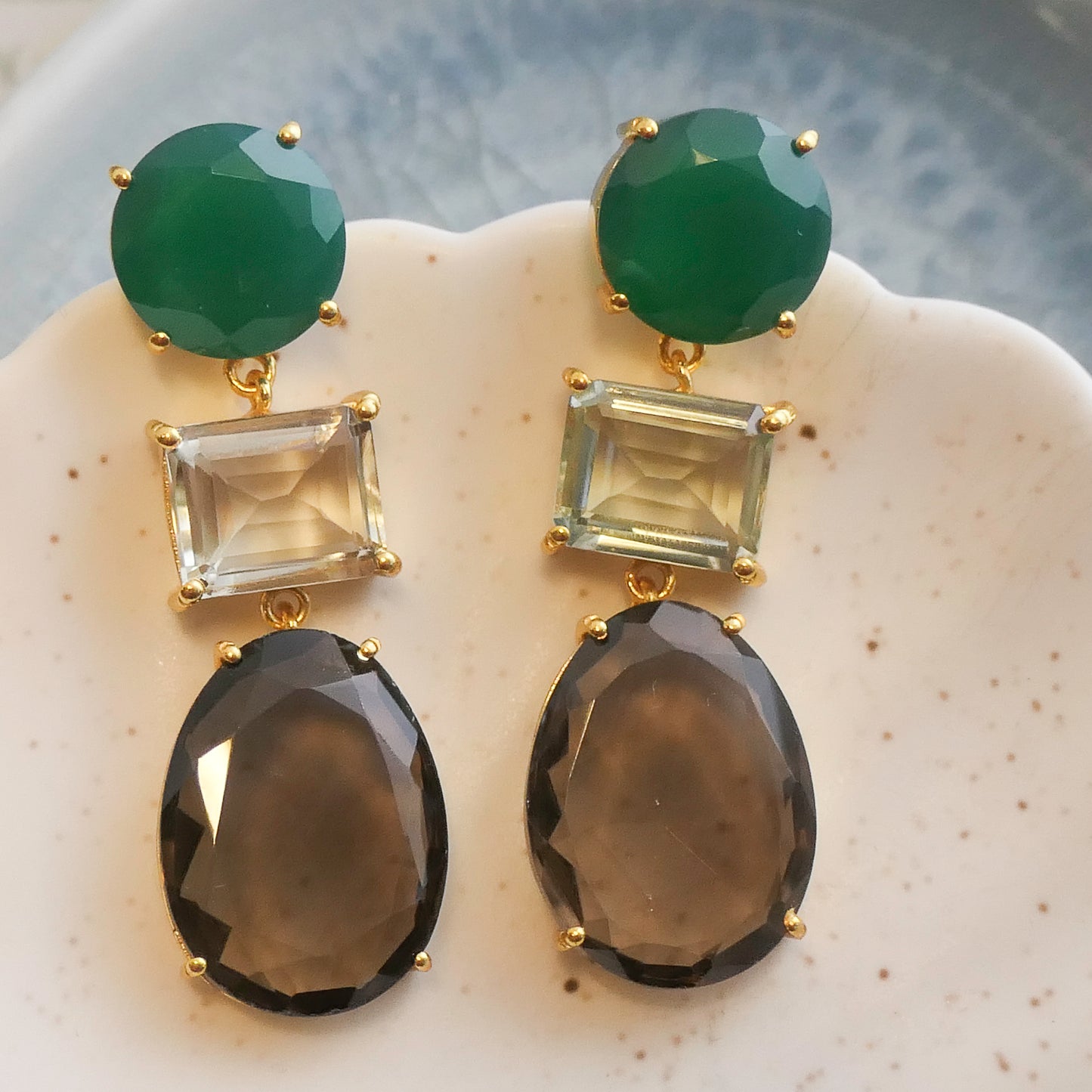 Green Chalcedony, Green Amethyst and Smoky Quartz Vermeil Drop Earrings