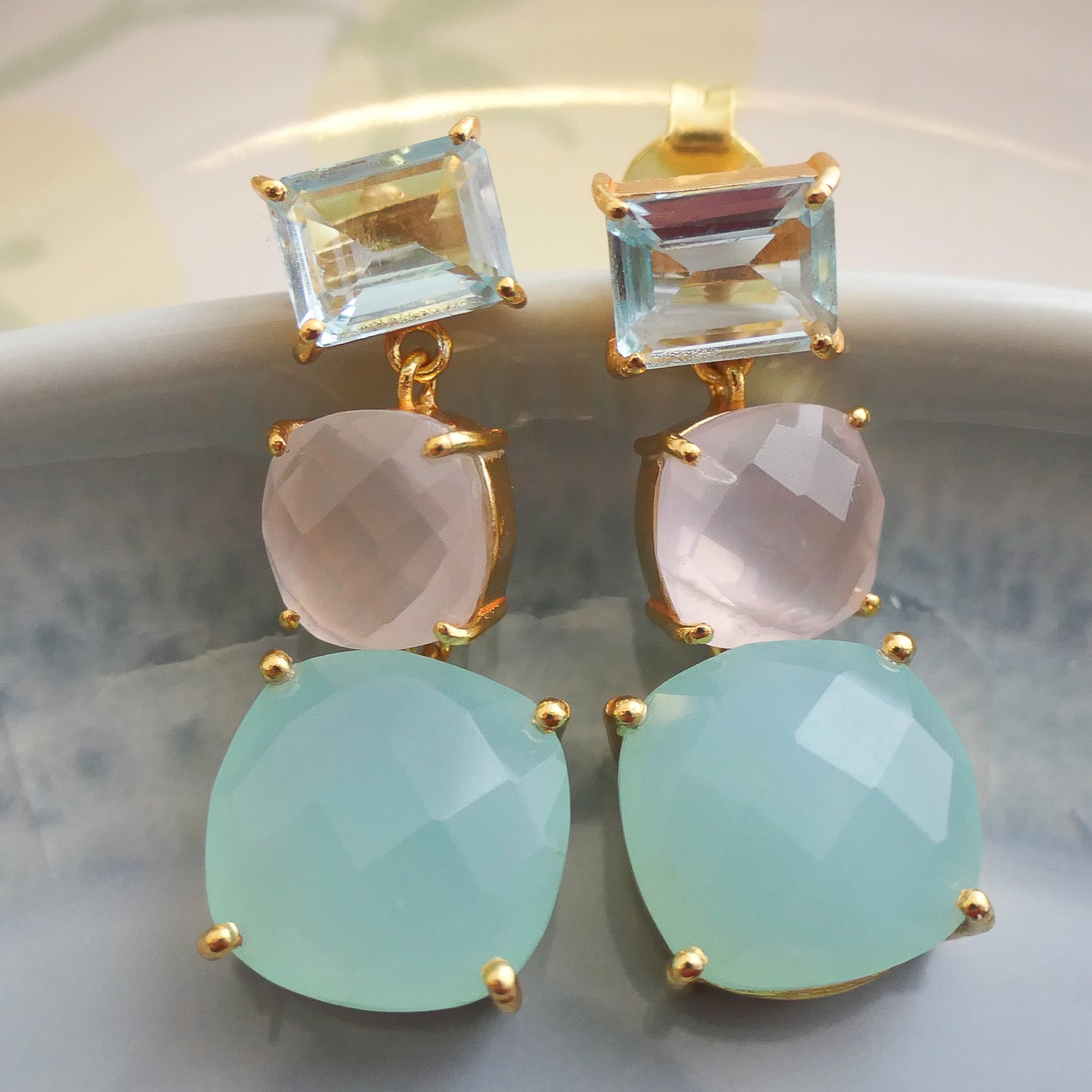 Blue Topaz, Rose Quartz and Aqua Chalcedony Vermeil Drop Earrings
