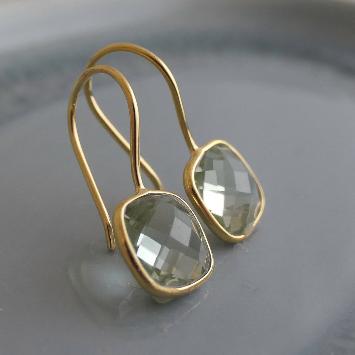 Green Amethyst 10mm Cushion Vermeil Drop Earrings