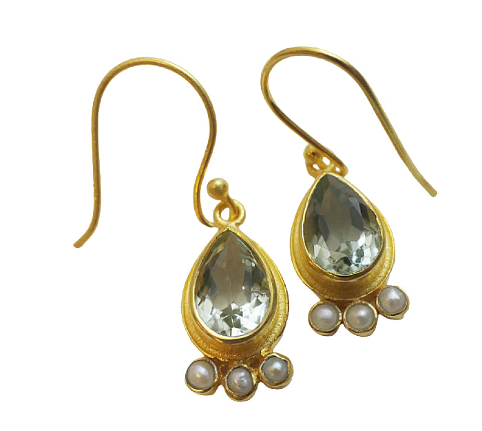 Prasiolite and Cultured Pearl Vermeil Drop Earrings
