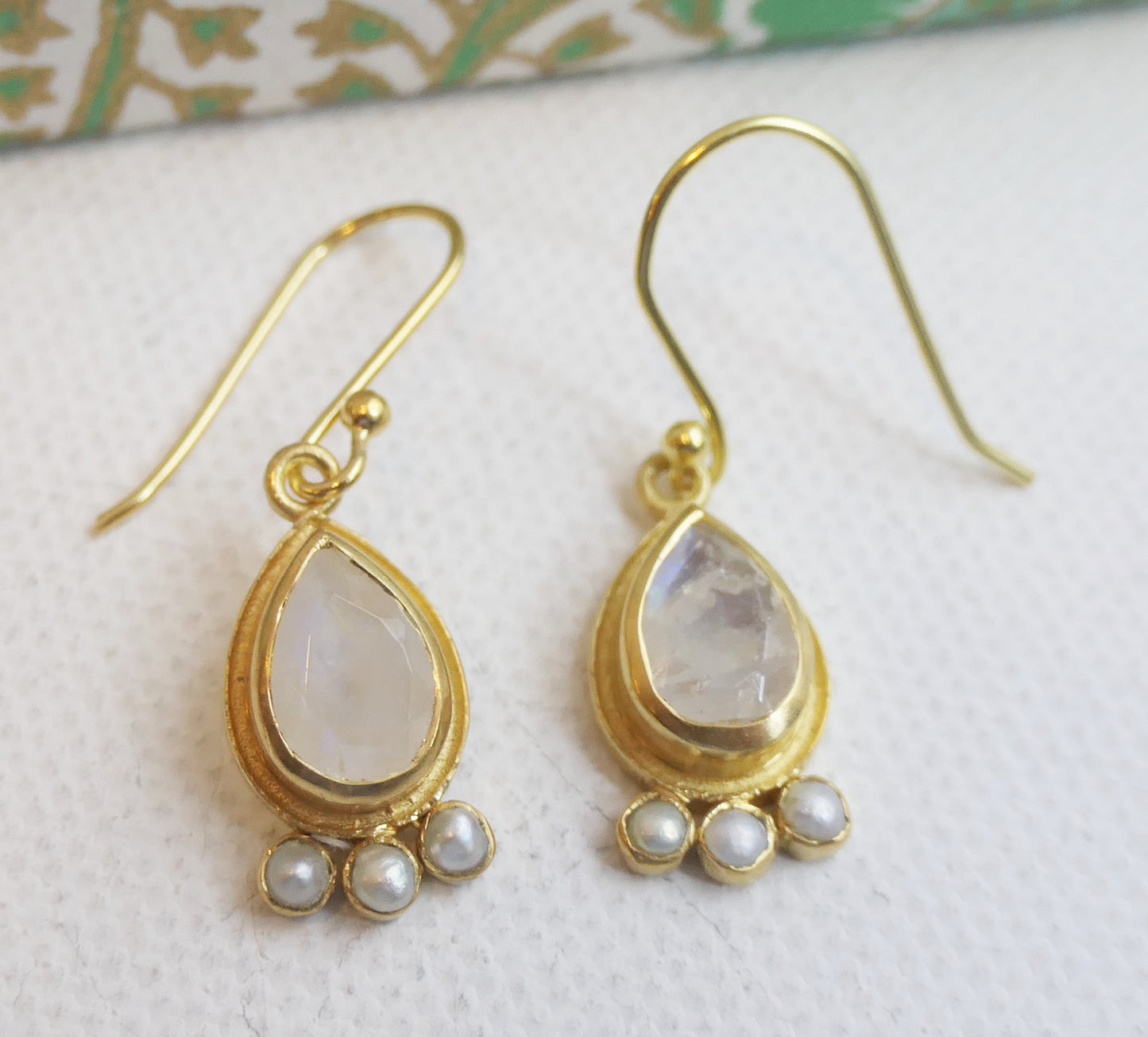Moonstone and Cultured Pearl Vermeil Drop Earrings