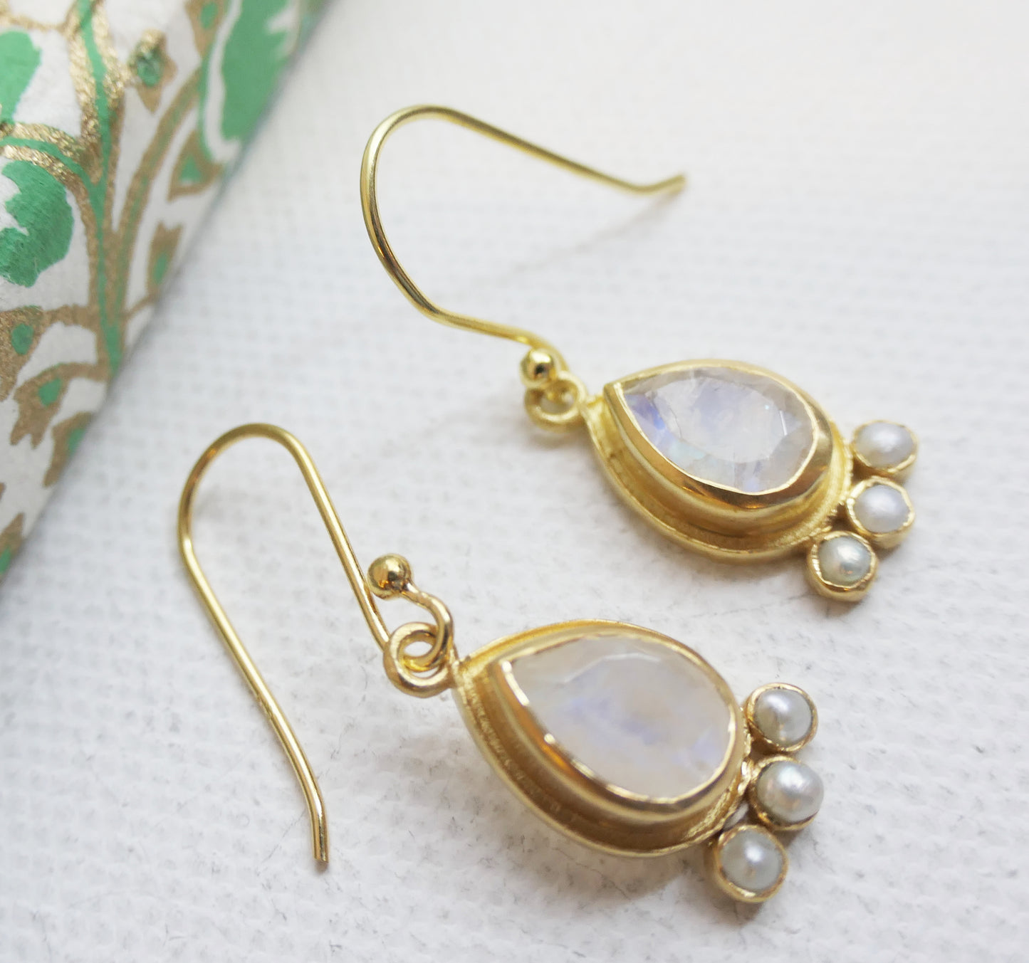 Moonstone and Cultured Pearl Vermeil Drop Earrings