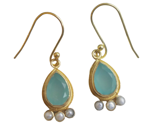 Aqua Chalcedony and Cultured Pearl Vermeil Drop Earrings