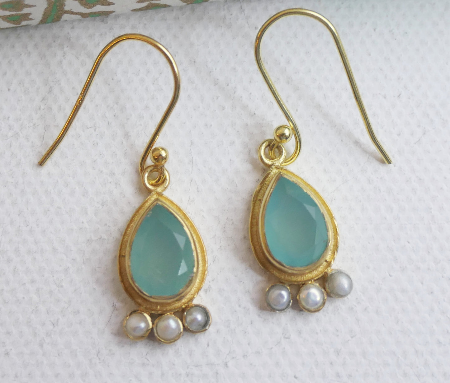 Aqua Chalcedony and Cultured Pearl Vermeil Drop Earrings