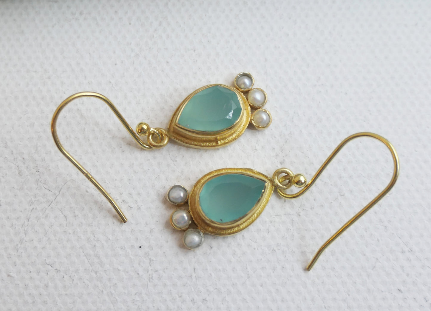 Aqua Chalcedony and Cultured Pearl Vermeil Drop Earrings