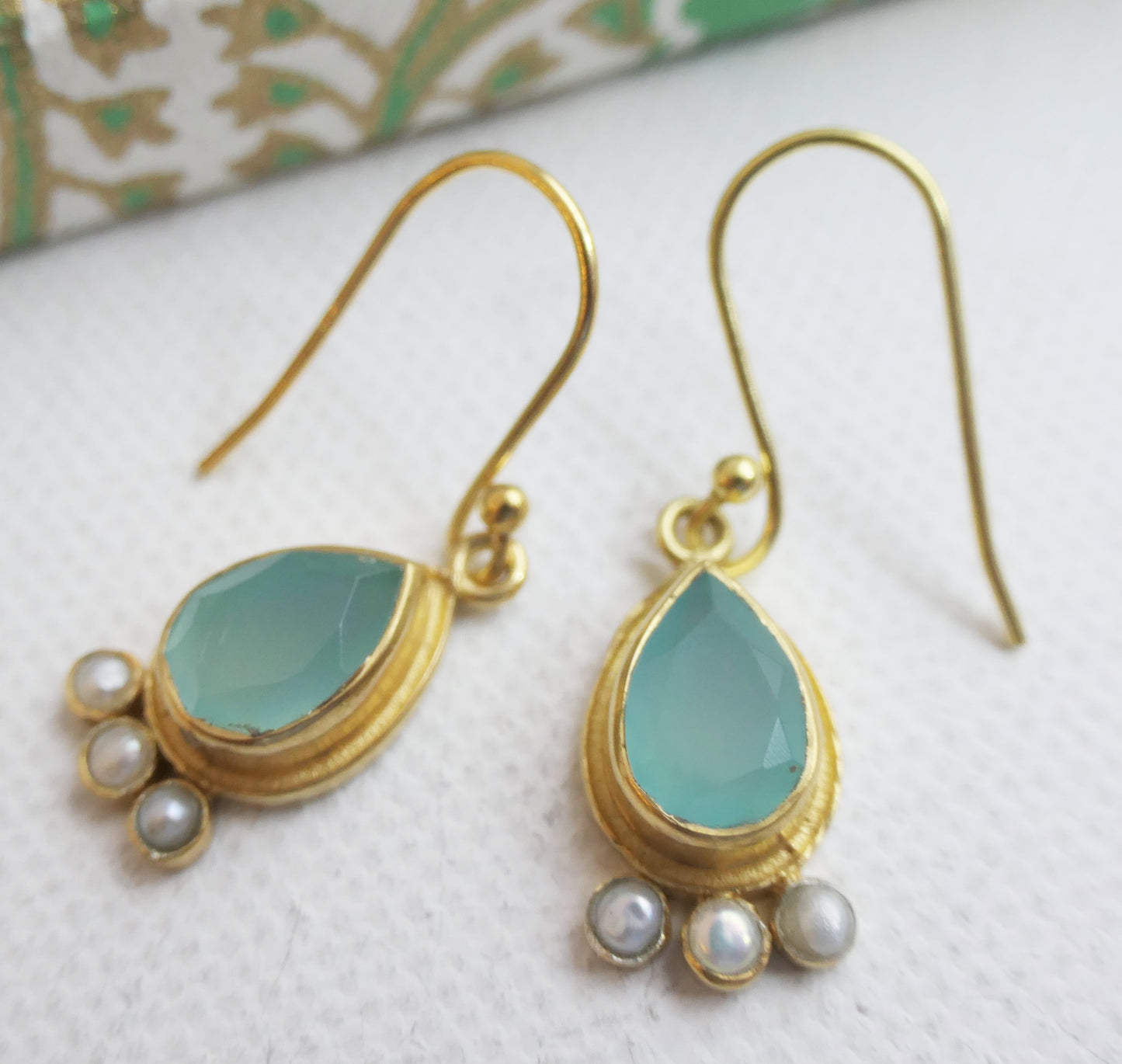 Aqua Chalcedony and Cultured Pearl Vermeil Drop Earrings