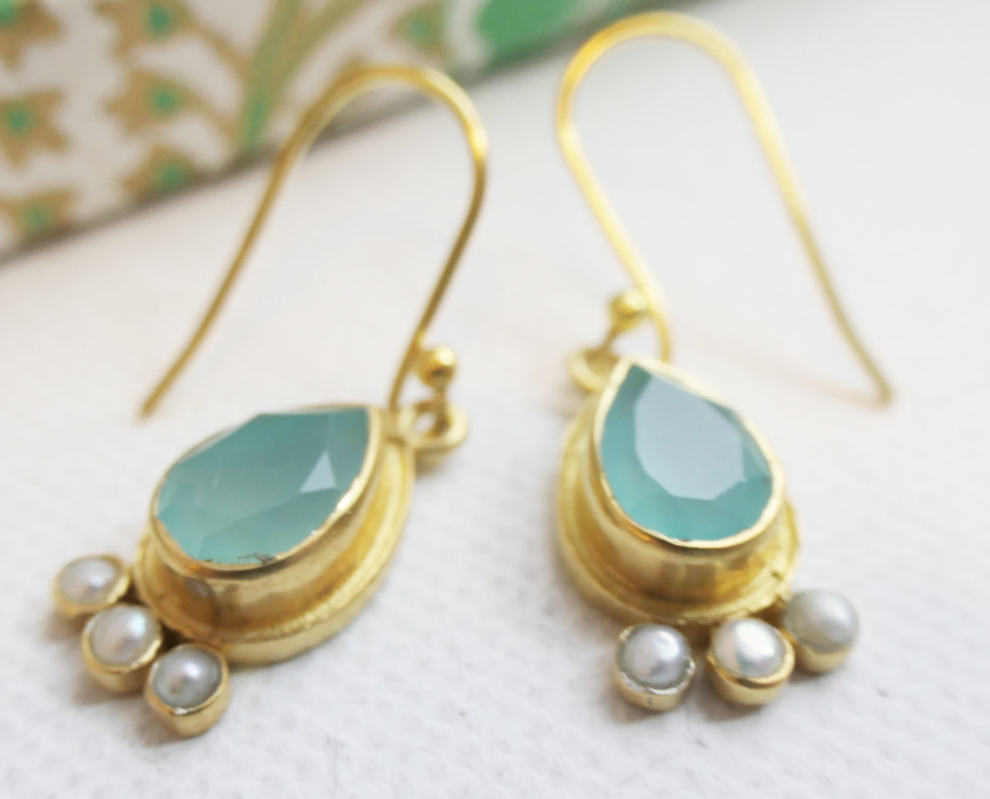 Aqua Chalcedony and Cultured Pearl Vermeil Drop Earrings