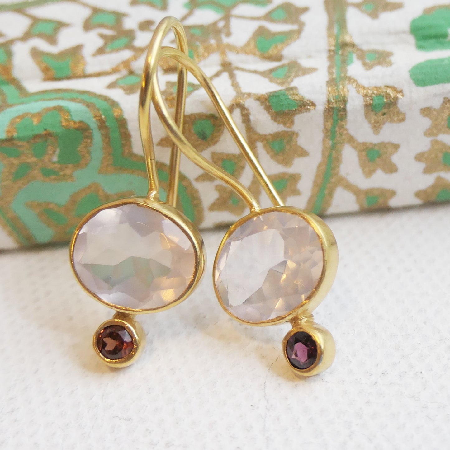 Rose Quartz and Rhodolite Garnet Vermeil Drop Earrings