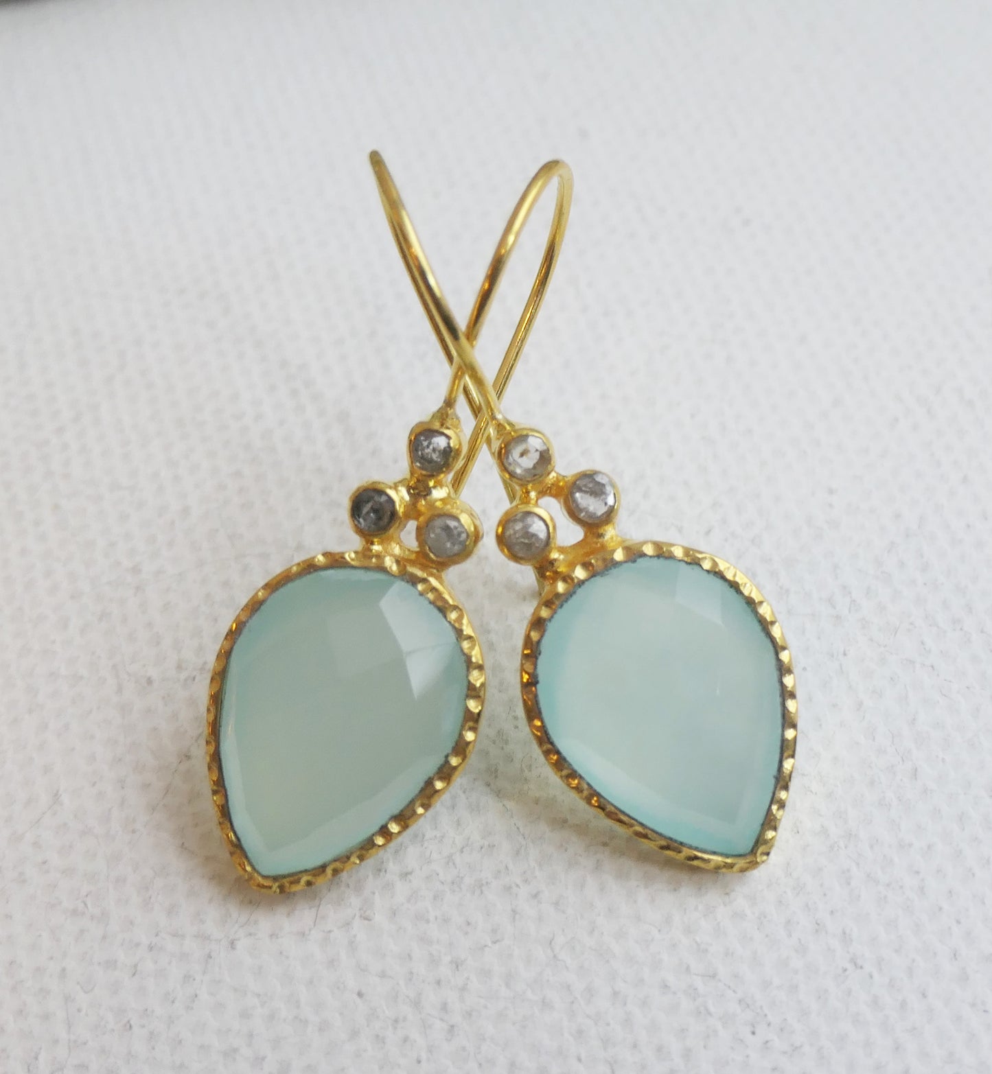 Pear Shape Aqua Chalcedony and Diamond Vermeil Earrings