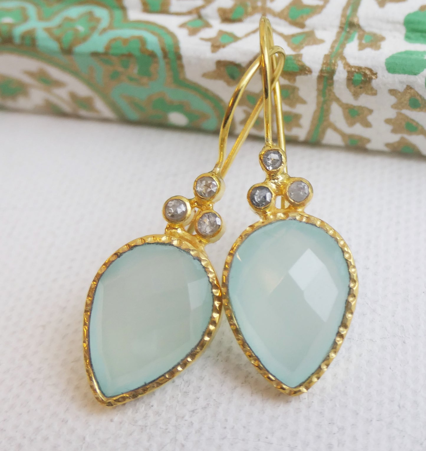 Pear Shape Aqua Chalcedony and Diamond Vermeil Earrings