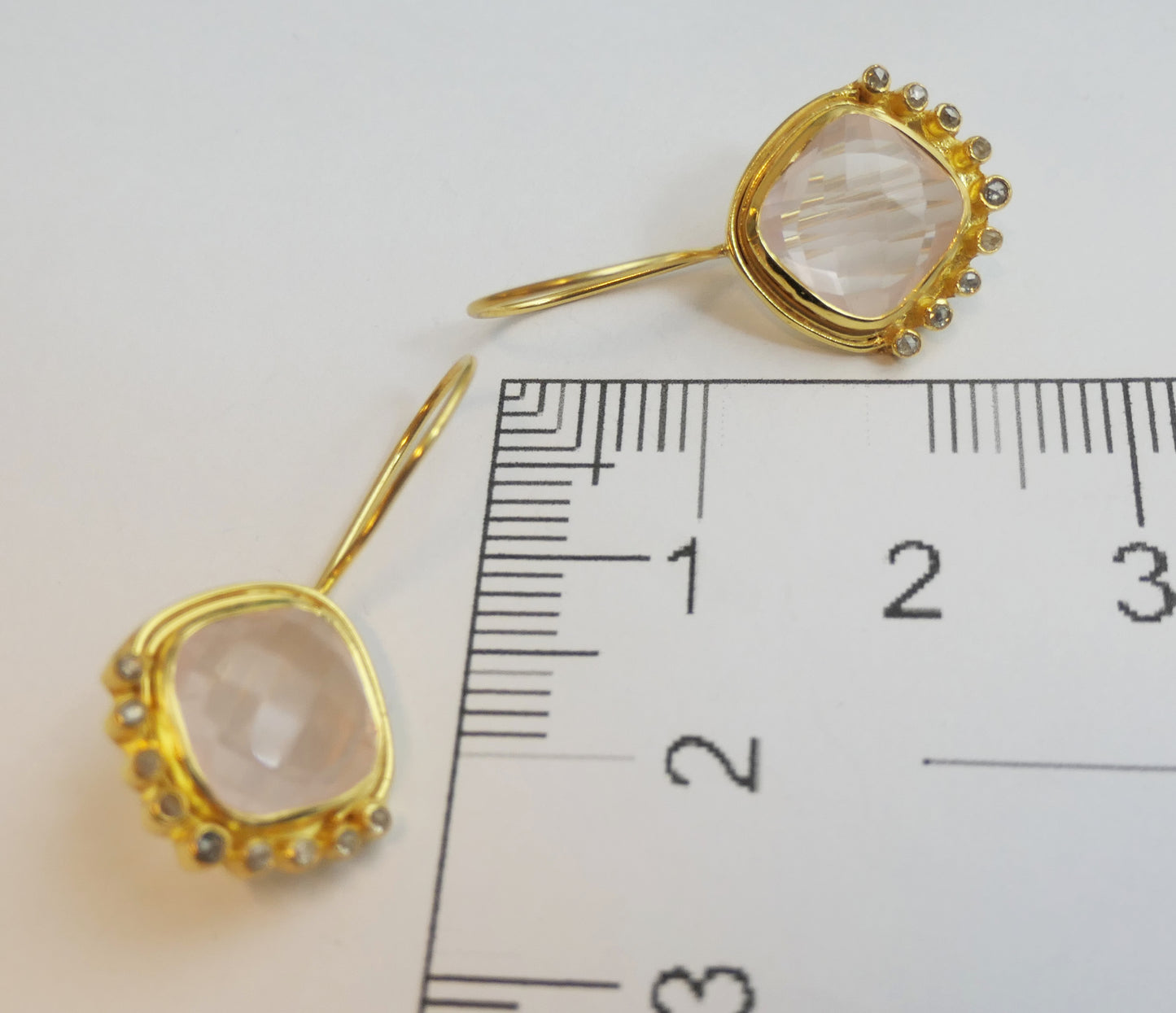 Cushion Cut Rose Quartz and Diamond Vermeil Earrings